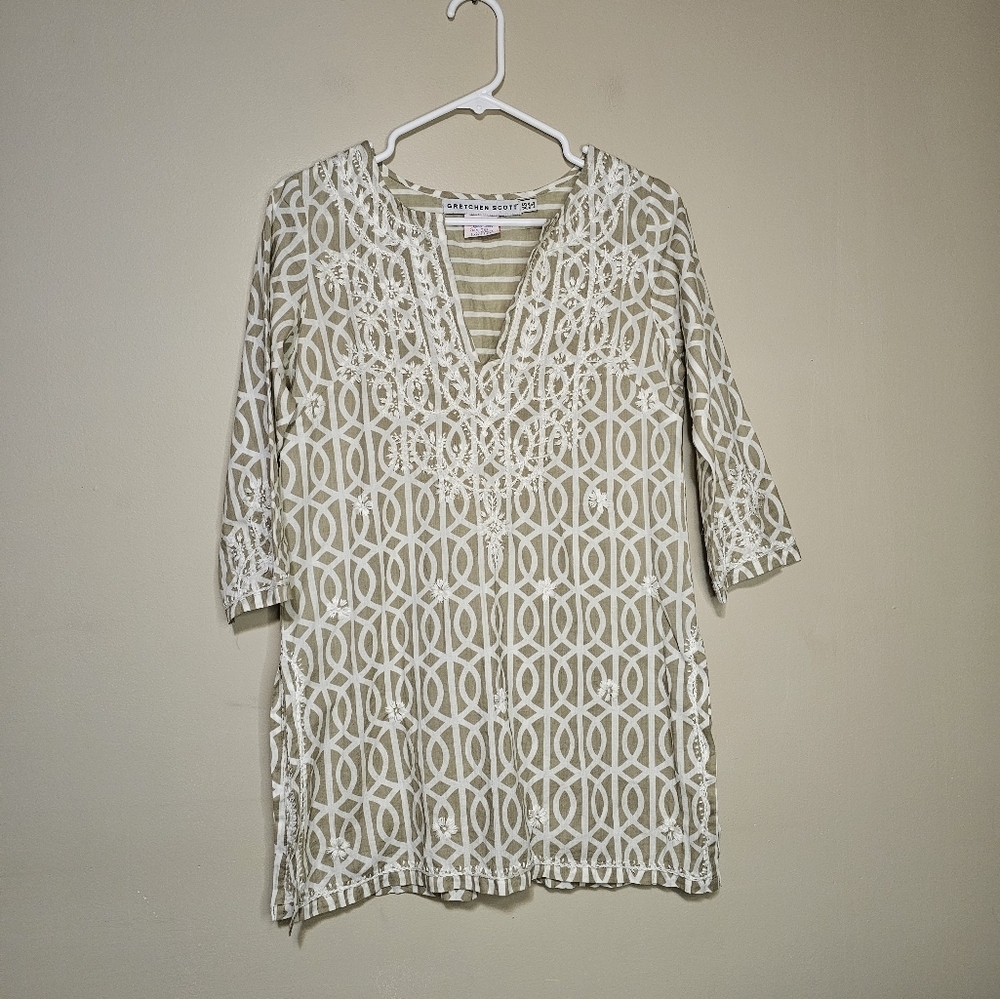 Gretchen Scott 3/4 Sleeve Tunic Top Embroidered Pullover Women's Size XS Tan